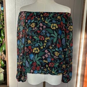 Alice + Olivia Flowy Chiffon Multicolor Floral Off The Shoulder LS Blouse | Sz S